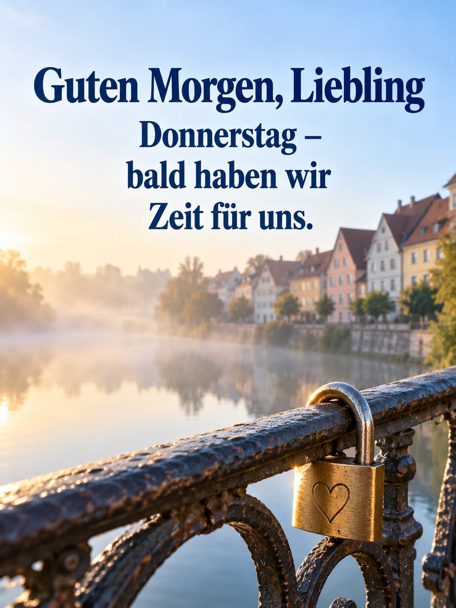 Guten-Morgen-Bild zum Donnerstag mit dem Text „Guten Morgen, Liebling“ und „Donnerstag – bald haben wir Zeit für uns.“ – Motiv: Liebesschloss, Brücke, Fluss, Altstadt