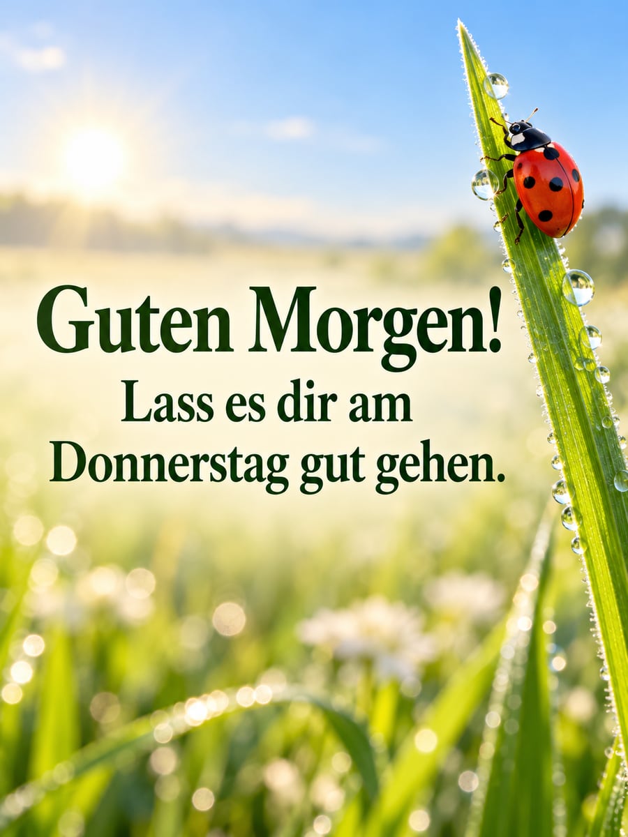 Guten-Morgen-Bild zum Donnerstag mit dem Text „Guten Morgen!“ und „Lass es dir am Donnerstag gut gehen.“ – Motiv: Marienkäfer, Grashalm, Morgentau, Glücksbringer