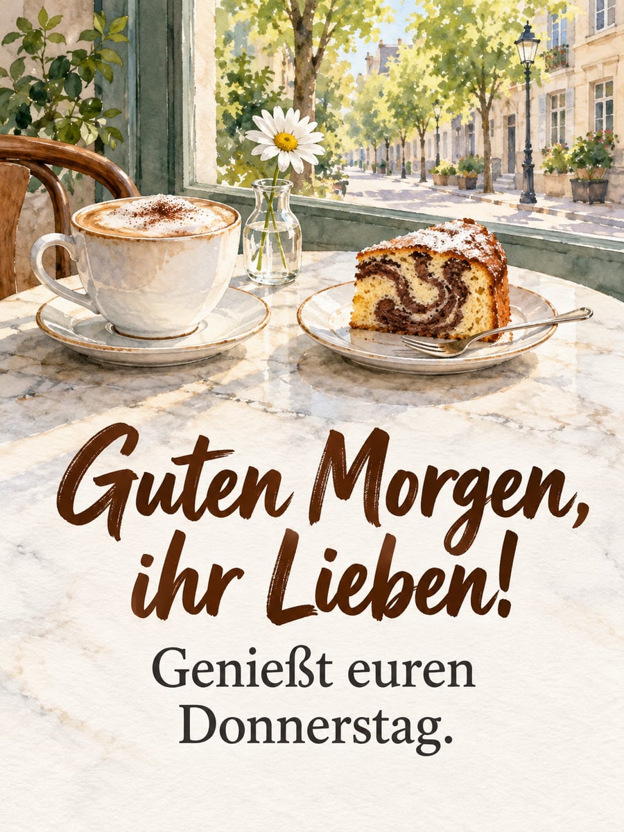 Guten-Morgen-Bild zum Donnerstag mit dem Text „Guten Morgen, ihr Lieben!“ und „Genießt euren Donnerstag.“ – Motiv: Cappuccino, Marmorkuchen, Café, Gänseblümchen