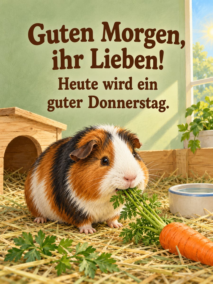 Guten-Morgen-Bild zum Donnerstag mit dem Text „Guten Morgen, ihr Lieben!“ und „Heute wird ein guter Donnerstag.“ – Motiv: Meerschweinchen, Möhre, Petersilie, Häuschen