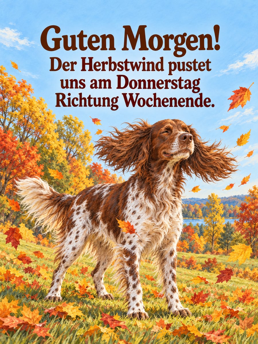 Guten-Morgen-Bild zum Donnerstag mit dem Text „Guten Morgen!“ und „Der Herbstwind pustet uns am Donnerstag Richtung Wochenende.“ – Motiv: Kleiner Münsterländer, Herbstwind, Laub, Hund