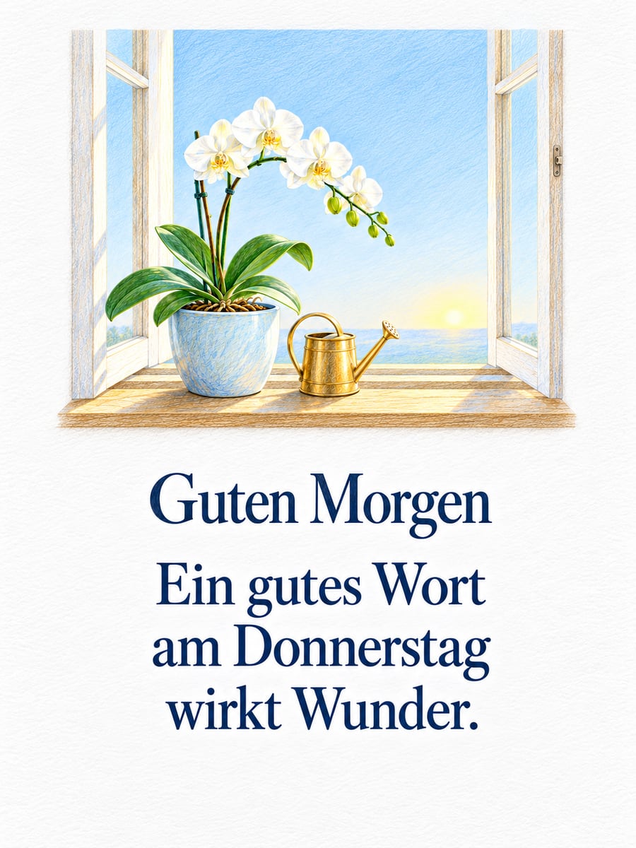 Guten-Morgen-Bild zum Donnerstag mit dem Text „Guten Morgen“ und „Ein gutes Wort am Donnerstag wirkt Wunder.“ – Motiv: Orchidee, Fensterbank, Gießkanne, Buntstift
