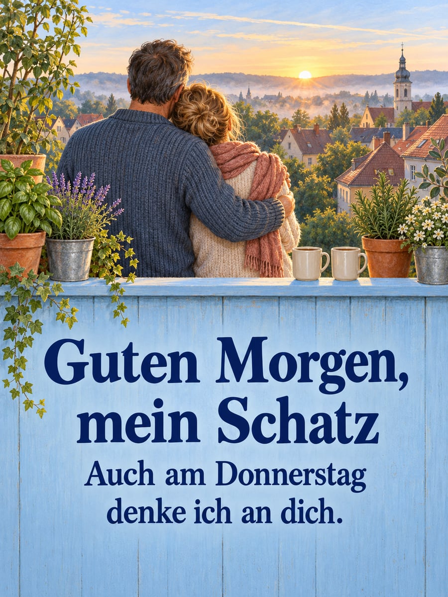 Guten-Morgen-Bild zum Donnerstag mit dem Text „Guten Morgen, mein Schatz“ und „Auch am Donnerstag denke ich an dich.“ – Motiv: Paar, Balkon, Sonnenaufgang, Dächer