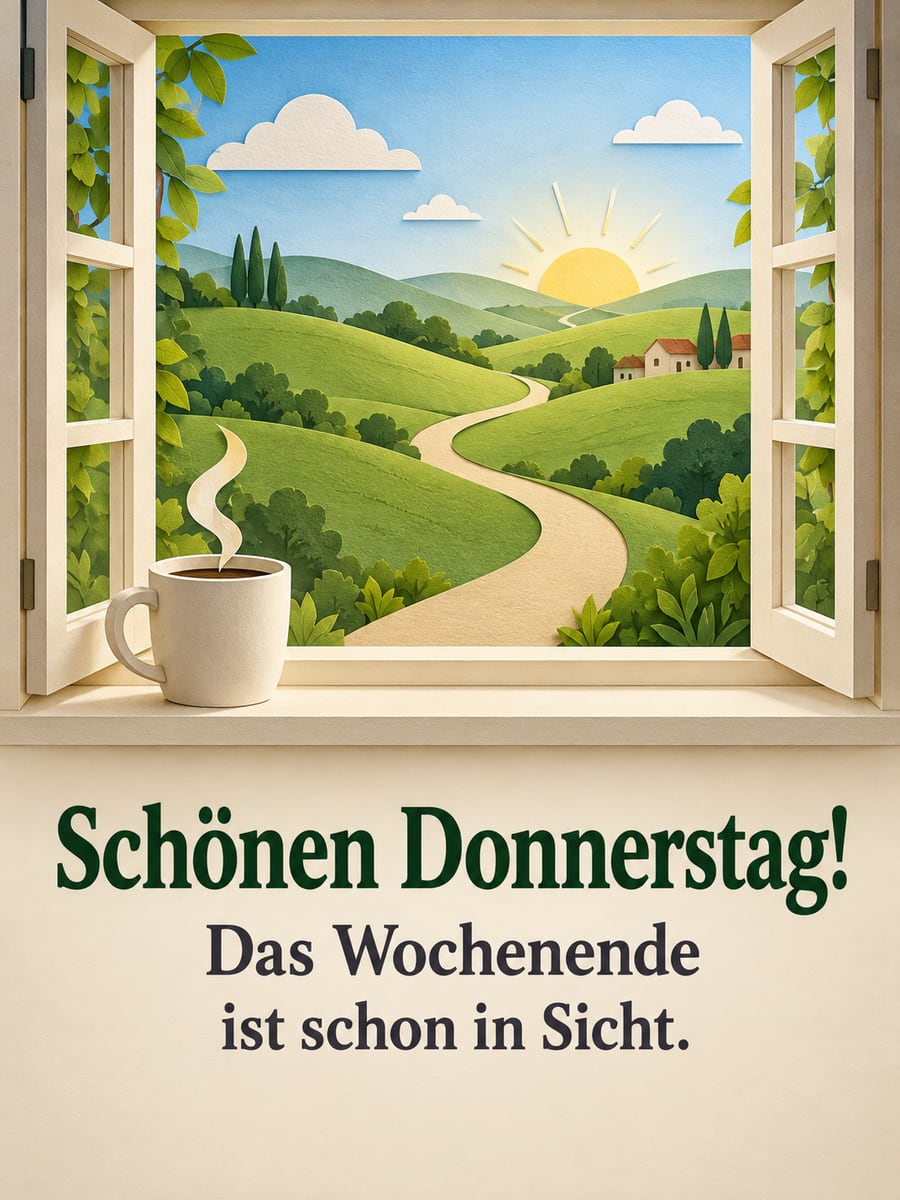 Guten-Morgen-Bild zum Donnerstag mit dem Text „Schönen Donnerstag!“ und „Das Wochenende ist schon in Sicht.“ – Motiv: Kaffeetasse, Fenster, Hügel, Weg
