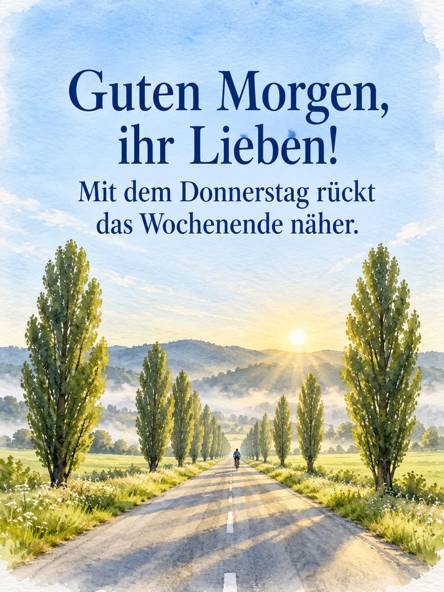 Guten-Morgen-Bild zum Donnerstag mit dem Text „Guten Morgen, ihr Lieben!“ und „Mit dem Donnerstag rückt das Wochenende näher.“ – Motiv: Pappelallee, Landstraße, Felder, Morgendunst