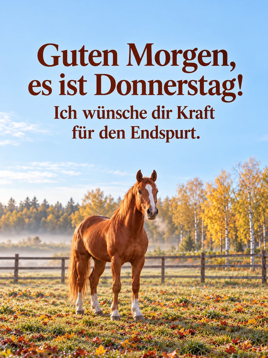 Guten-Morgen-Bild zum Donnerstag mit dem Text „Guten Morgen, es ist Donnerstag!“ und „Ich wünsche dir Kraft für den Endspurt.“ – Motiv: Pferd, Morgennebel, Koppel, Birken