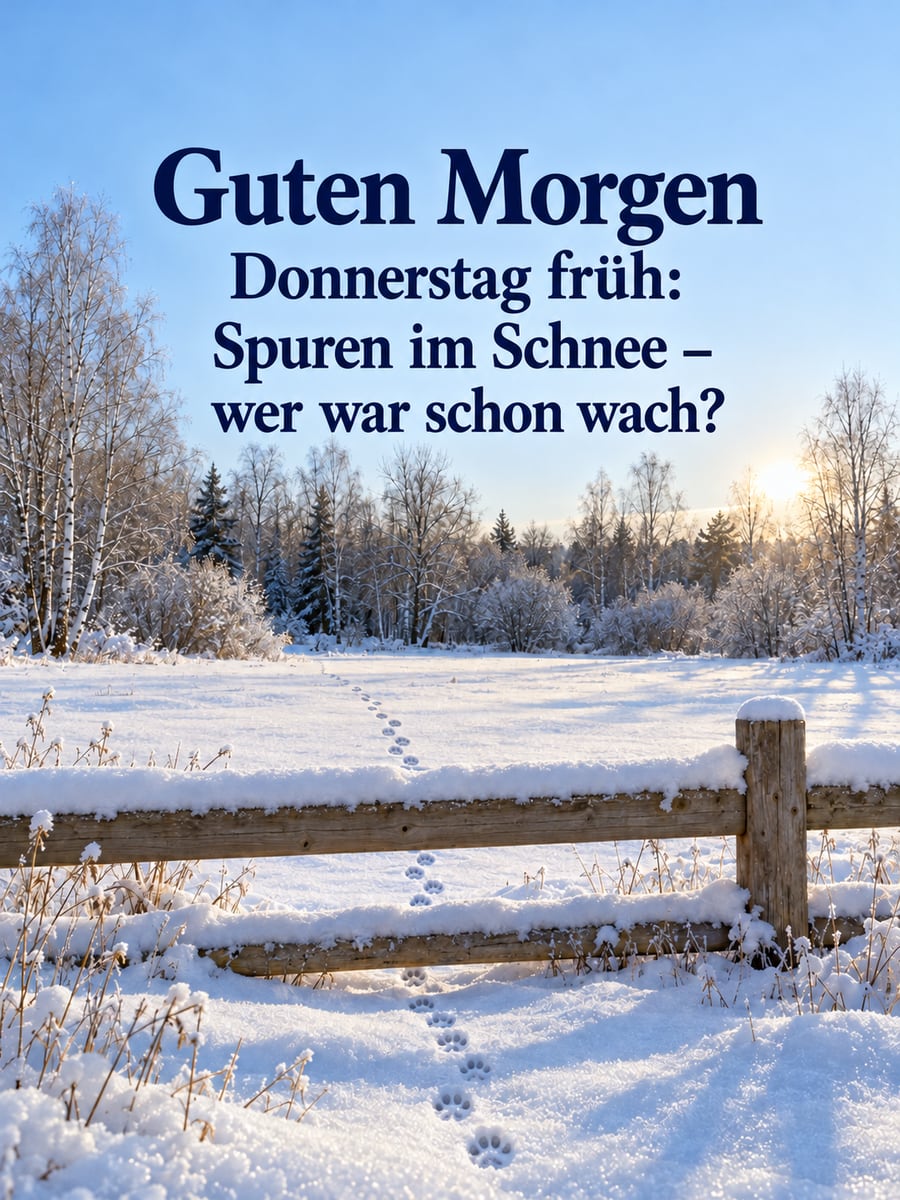 Guten-Morgen-Bild zum Donnerstag mit dem Text „Guten Morgen“ und „Donnerstag früh: Spuren im Schnee – wer war schon wach?“ – Motiv: Pfotenspuren, Schneewiese, Gartenzaun, Waldrand