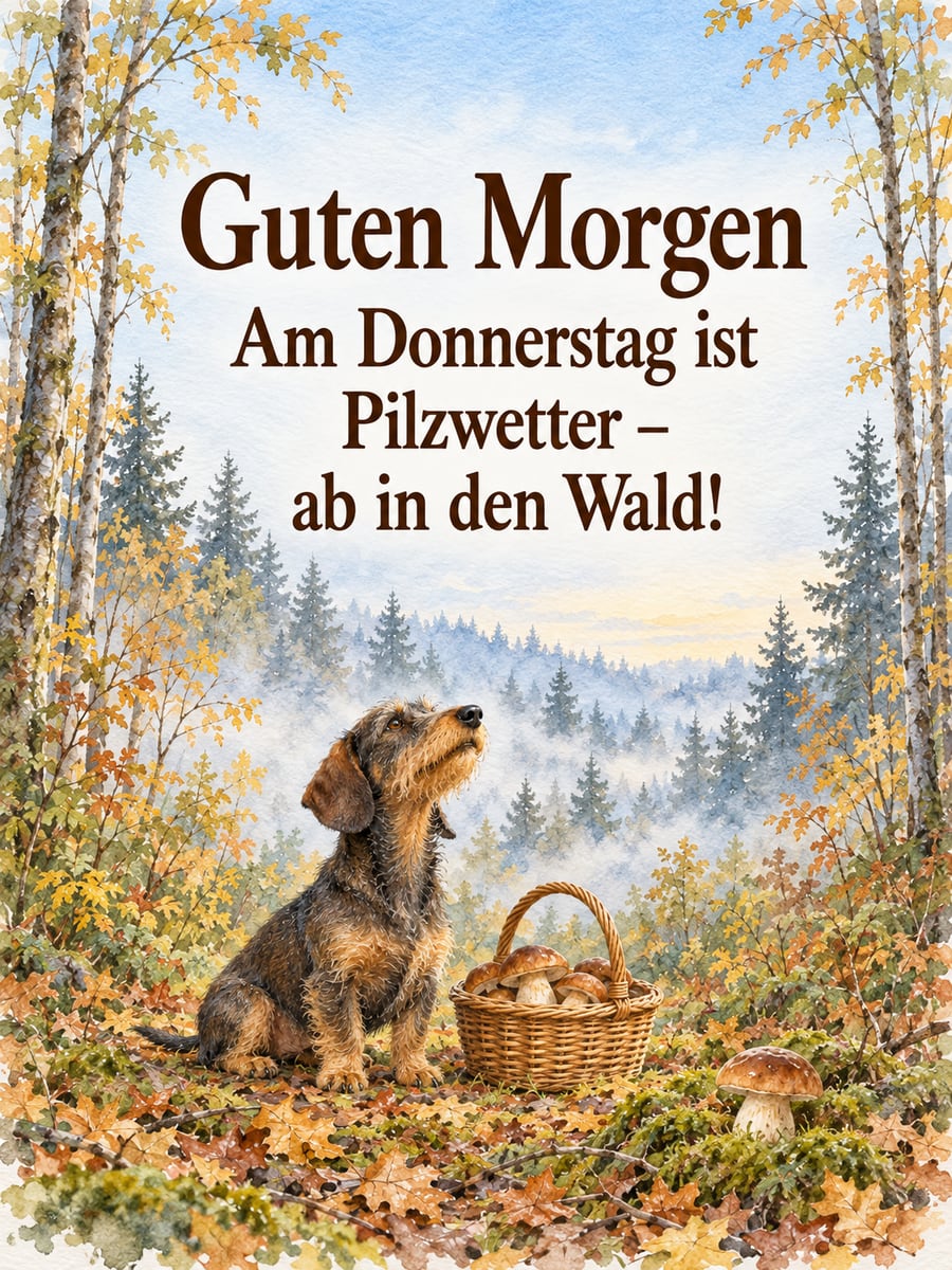 Guten-Morgen-Bild zum Donnerstag mit dem Text „Guten Morgen“ und „Am Donnerstag ist Pilzwetter – ab in den Wald!“ – Motiv: Rauhaardackel, Pilzkorb, Steinpilze, Wald