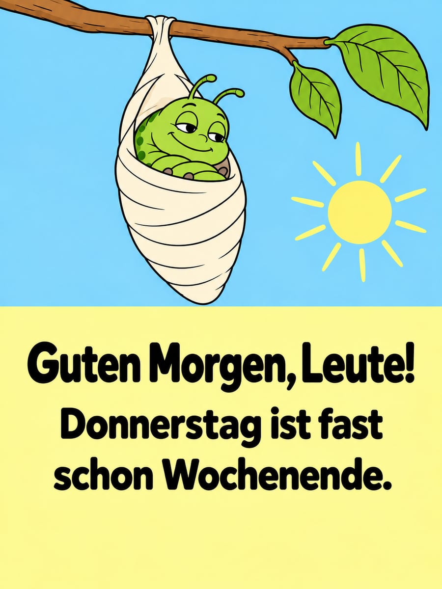 Guten-Morgen-Bild zum Donnerstag mit dem Text „Guten Morgen, Leute!“ und „Donnerstag ist fast schon Wochenende.“ – Motiv: Raupe, Kokon, Ausruhen, Cartoon