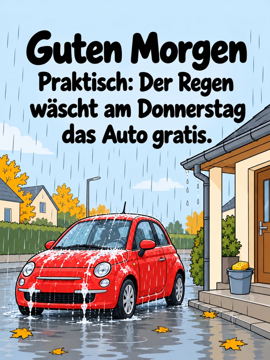 Guten-Morgen-Bild zum Donnerstag mit dem Text „Guten Morgen“ und „Praktisch: Der Regen wäscht am Donnerstag das Auto gratis.“ – Motiv: Auto, Regen, Autowäsche, Herbstlaub