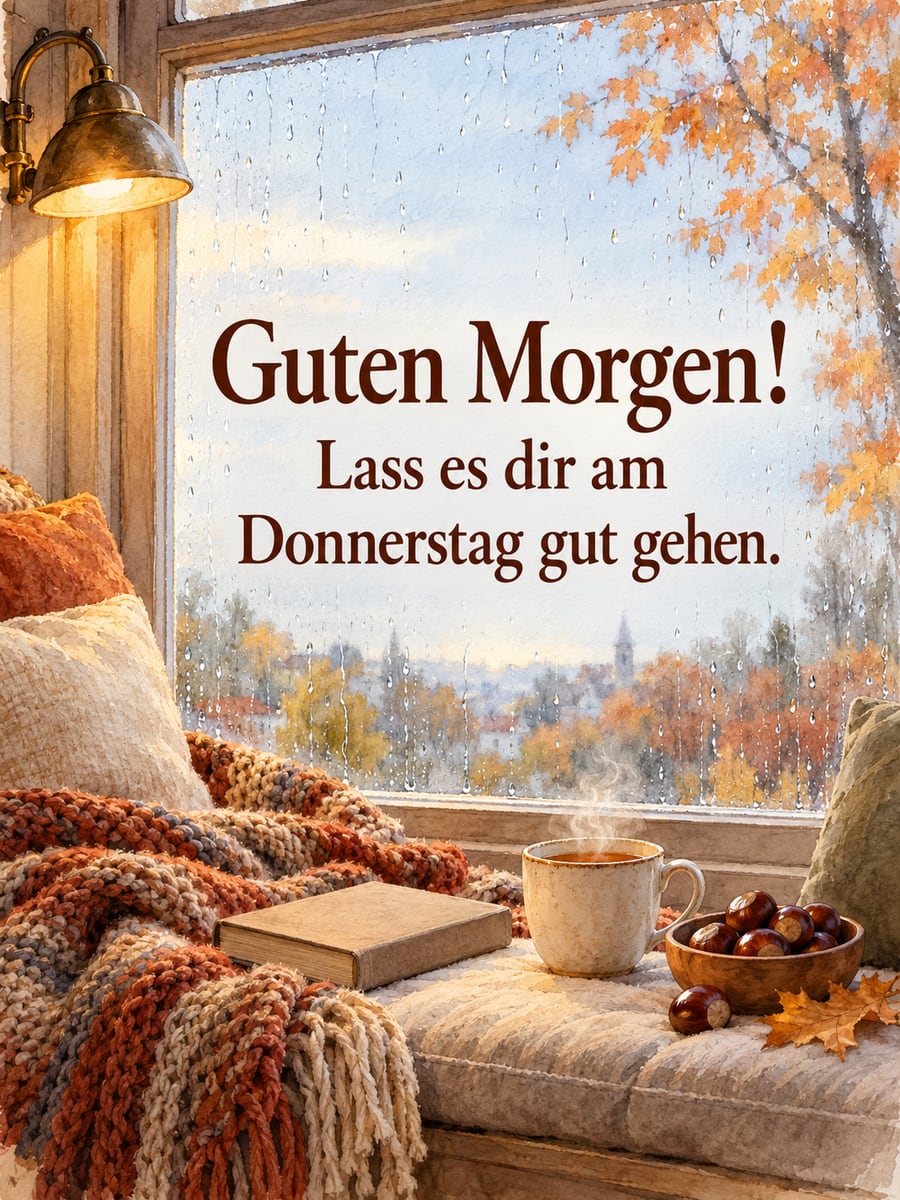 Guten-Morgen-Bild zum Donnerstag mit dem Text „Guten Morgen!“ und „Lass es dir am Donnerstag gut gehen.“ – Motiv: Regen, Tee, Kuscheldecke, Kastanien