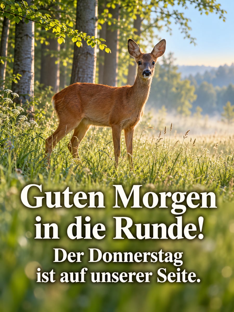 Guten-Morgen-Bild zum Donnerstag mit dem Text „Guten Morgen in die Runde!“ und „Der Donnerstag ist auf unserer Seite.“ – Motiv: Reh, Waldrand, Buchen, Morgennebel