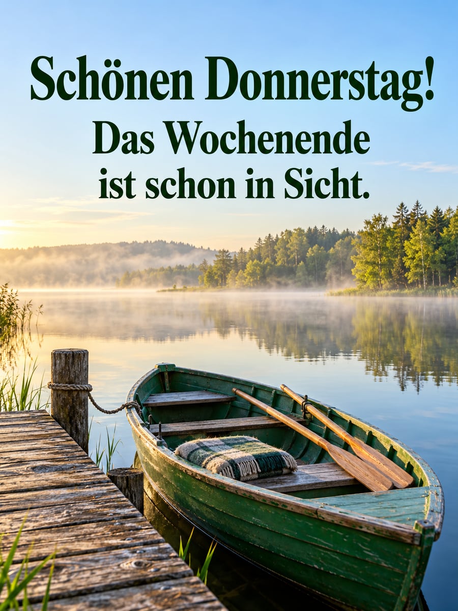 Guten-Morgen-Bild zum Donnerstag mit dem Text „Schönen Donnerstag!“ und „Das Wochenende ist schon in Sicht.“ – Motiv: Ruderboot, Steg, See, Morgennebel