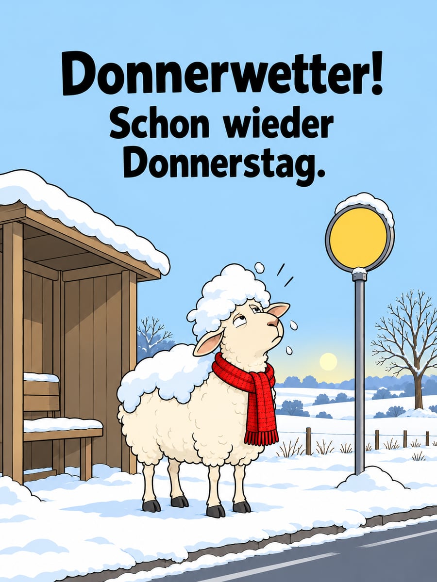 Guten-Morgen-Bild zum Donnerstag mit dem Text „Donnerwetter!“ und „Schon wieder Donnerstag.“ – Motiv: Schaf, Bushaltestelle, Schnee, Donnerwetter