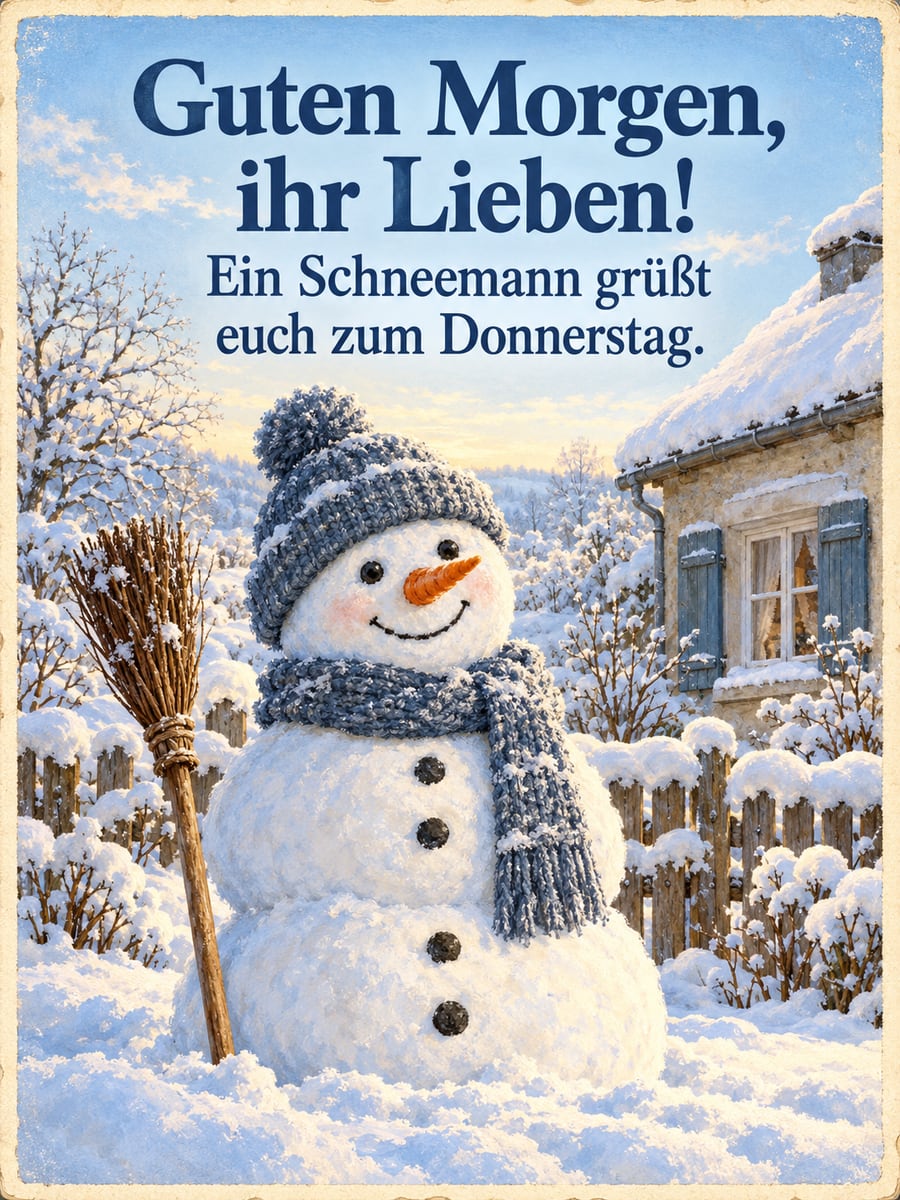 Guten-Morgen-Bild zum Donnerstag mit dem Text „Guten Morgen, ihr Lieben!“ und „Ein Schneemann grüßt euch zum Donnerstag.“ – Motiv: Schneemann, Reisigbesen, Vorgarten, Schnee