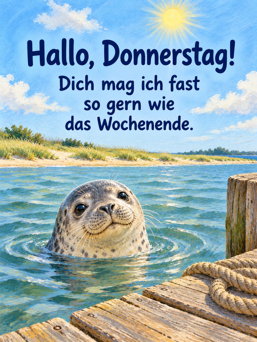 Guten-Morgen-Bild zum Donnerstag mit dem Text „Hallo, Donnerstag!“ und „Dich mag ich fast so gern wie das Wochenende.“ – Motiv: Seehund, Steg, Küste, Holzsteg