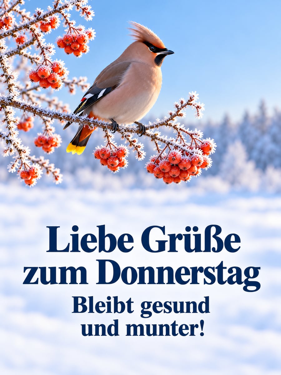Guten-Morgen-Bild zum Donnerstag mit dem Text „Liebe Grüße zum Donnerstag“ und „Bleibt gesund und munter!“ – Motiv: Seidenschwanz, Vogelbeeren, Raureif, Wintervogel