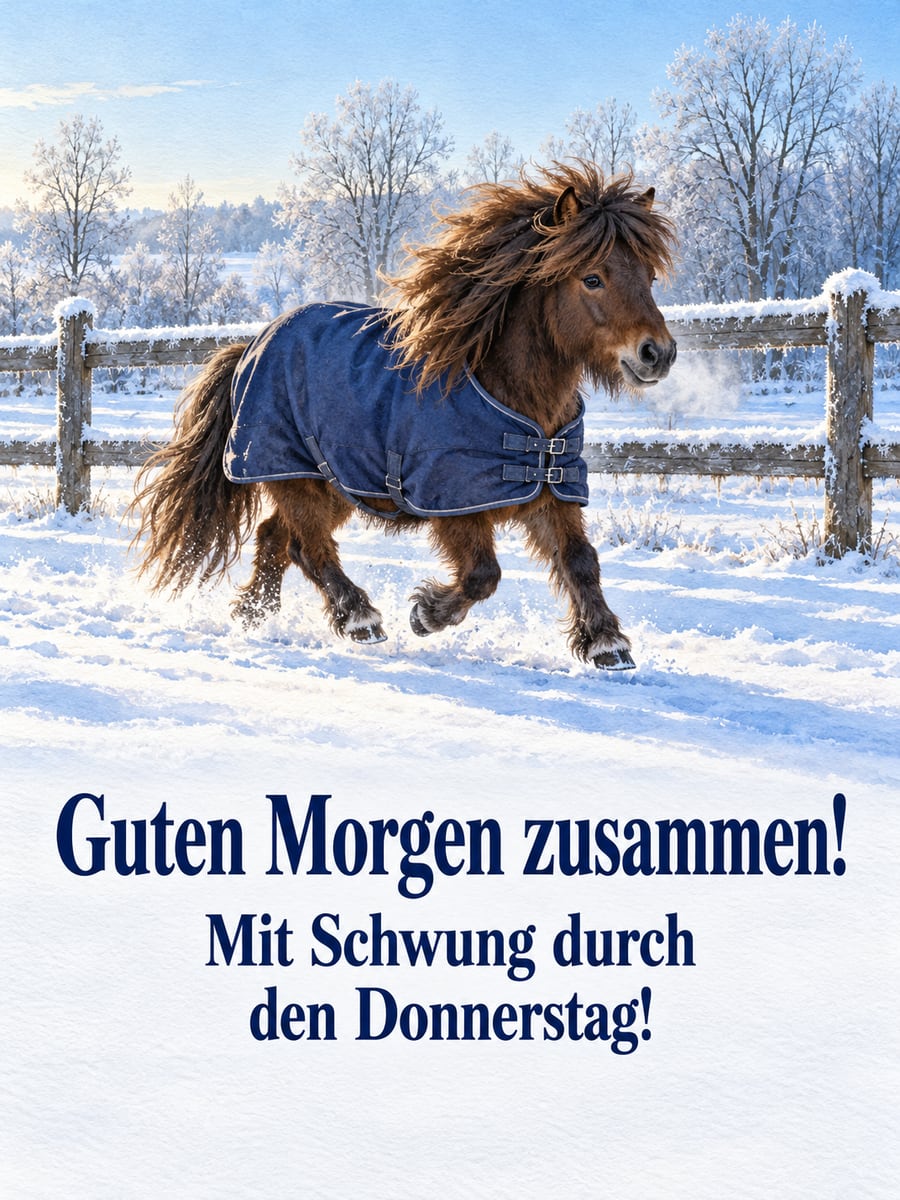 Guten-Morgen-Bild zum Donnerstag mit dem Text „Guten Morgen zusammen!“ und „Mit Schwung durch den Donnerstag!“ – Motiv: Shetlandpony, Winterdecke, Koppel, Schnee