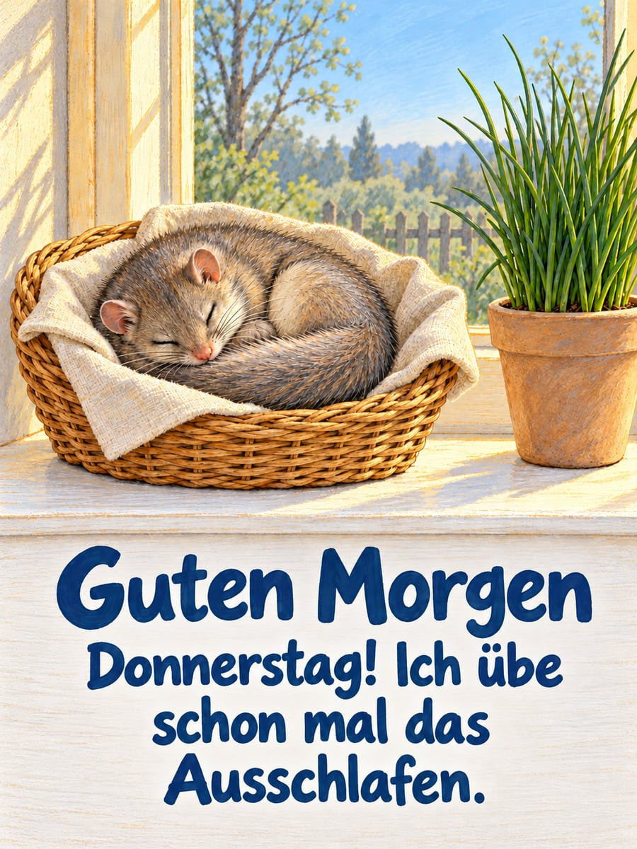 Guten-Morgen-Bild zum Donnerstag mit dem Text „Guten Morgen“ und „Donnerstag! Ich übe schon mal das Ausschlafen.“ – Motiv: Siebenschläfer, Brotkorb, Fensterbank, Ausschlafen