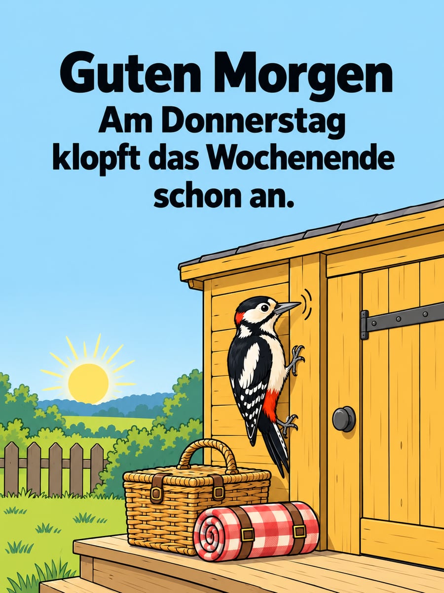 Guten-Morgen-Bild zum Donnerstag mit dem Text „Guten Morgen“ und „Am Donnerstag klopft das Wochenende schon an.“ – Motiv: Buntspecht, Gartenhaus, Picknickkorb, Anklopfen