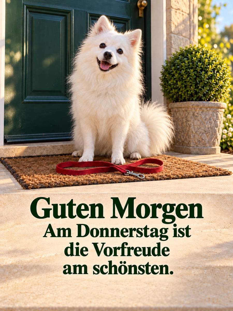 Guten-Morgen-Bild zum Donnerstag mit dem Text „Guten Morgen“ und „Am Donnerstag ist die Vorfreude am schönsten.“ – Motiv: Spitz, Hundeleine, Haustür, Vorfreude
