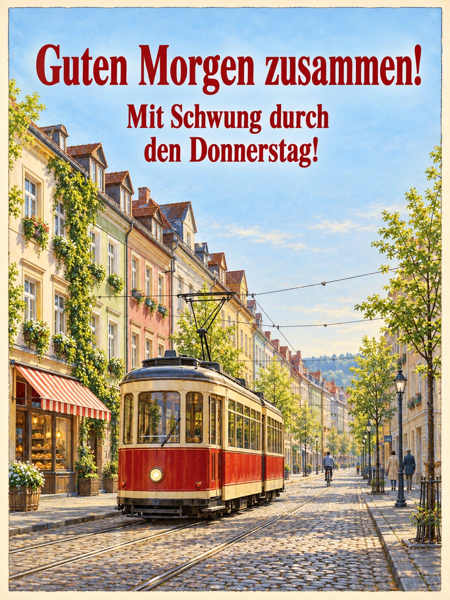 Guten-Morgen-Bild zum Donnerstag mit dem Text „Guten Morgen zusammen!“ und „Mit Schwung durch den Donnerstag!“ – Motiv: Straßenbahn, Altstadt, Kopfsteinpflaster, Pendeln