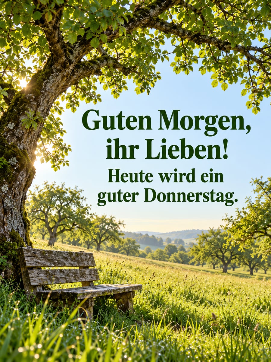 Guten-Morgen-Bild zum Donnerstag mit dem Text „Guten Morgen, ihr Lieben!“ und „Heute wird ein guter Donnerstag.“ – Motiv: Streuobstwiese, Apfelbaum, Bank, Morgentau