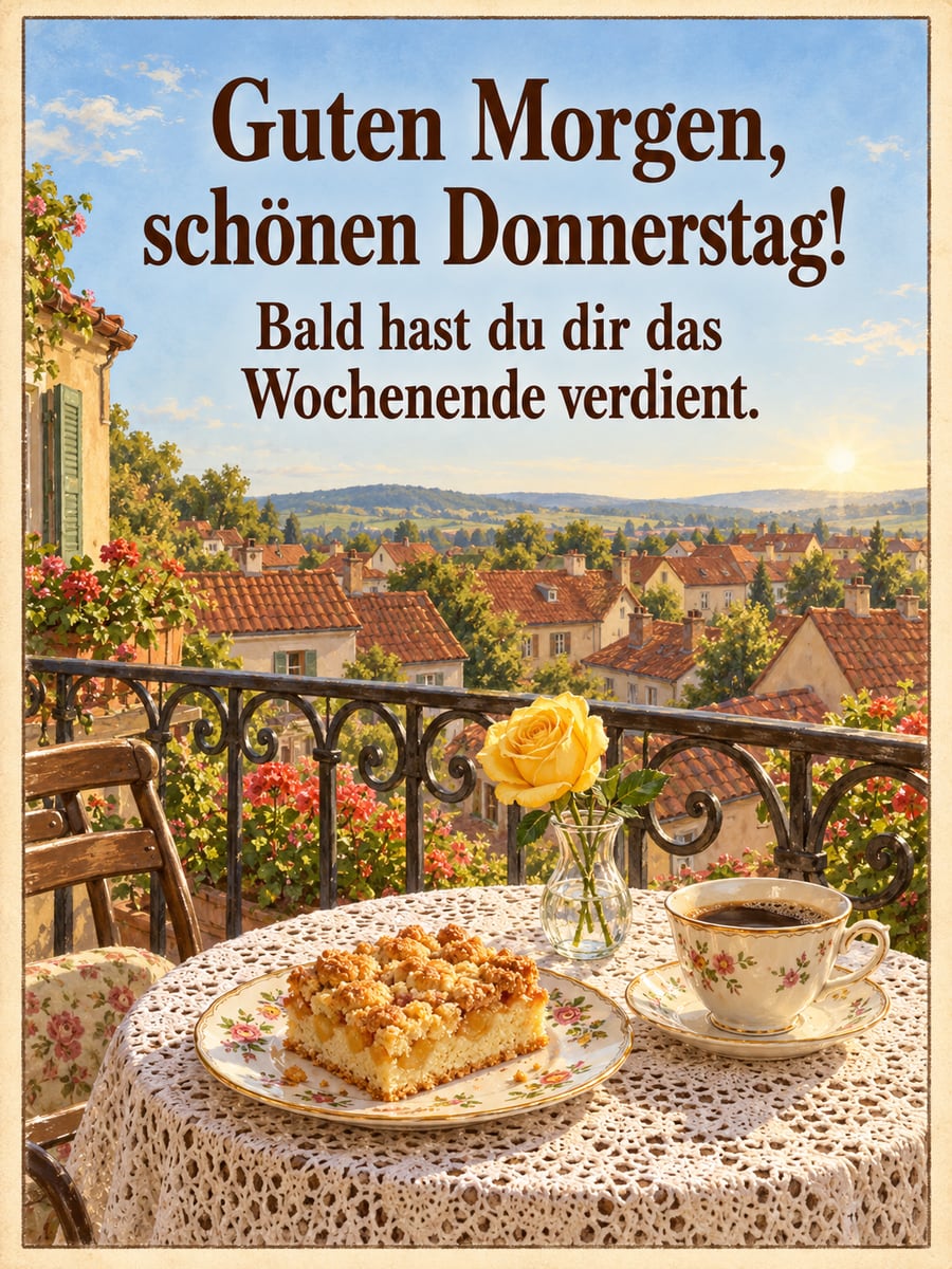 Guten-Morgen-Bild zum Donnerstag mit dem Text „Guten Morgen, schönen Donnerstag!“ und „Bald hast du dir das Wochenende verdient.“ – Motiv: Streuselkuchen, Balkon, Kaffee, Dächer