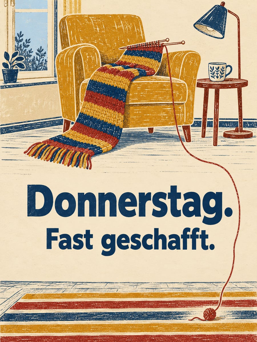 Guten-Morgen-Bild zum Donnerstag mit dem Text „Donnerstag.“ und „Fast geschafft.“ – Motiv: Stricken, Schal, Wollknäuel, Endspurt