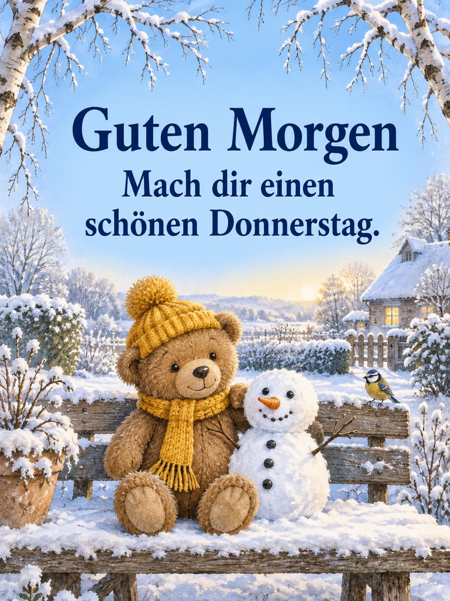Guten-Morgen-Bild zum Donnerstag mit dem Text „Guten Morgen“ und „Mach dir einen schönen Donnerstag.“ – Motiv: Teddybär, Schneemann, Gartenbank, Schnee