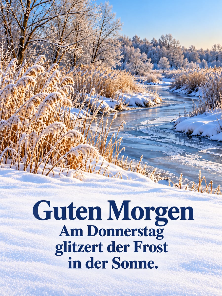 Guten-Morgen-Bild zum Donnerstag mit dem Text „Guten Morgen“ und „Am Donnerstag glitzert der Frost in der Sonne.“ – Motiv: Bach, Raureif, Schilf, Winterwiese