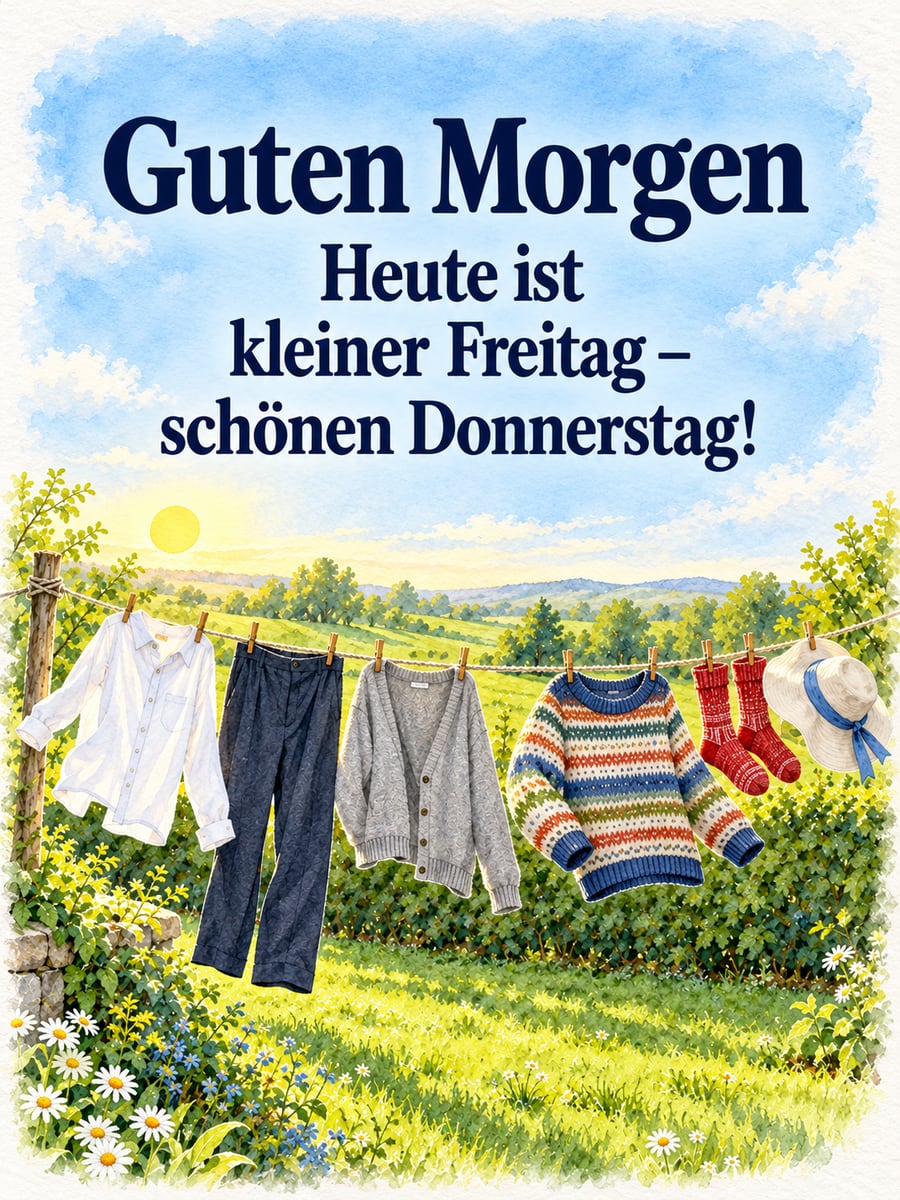 Guten-Morgen-Bild zum Donnerstag mit dem Text „Guten Morgen“ und „Heute ist kleiner Freitag – schönen Donnerstag!“ – Motiv: Wäscheleine, Wanderpulli, Sonnenhut, kleiner Freitag