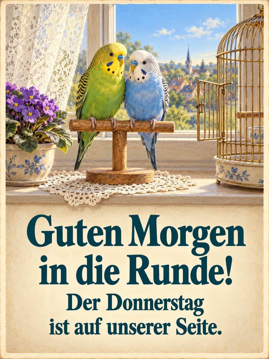 Guten-Morgen-Bild zum Donnerstag mit dem Text „Guten Morgen in die Runde!“ und „Der Donnerstag ist auf unserer Seite.“ – Motiv: Wellensittiche, Fensterbank, Häkeldeckchen, Usambaraveilchen