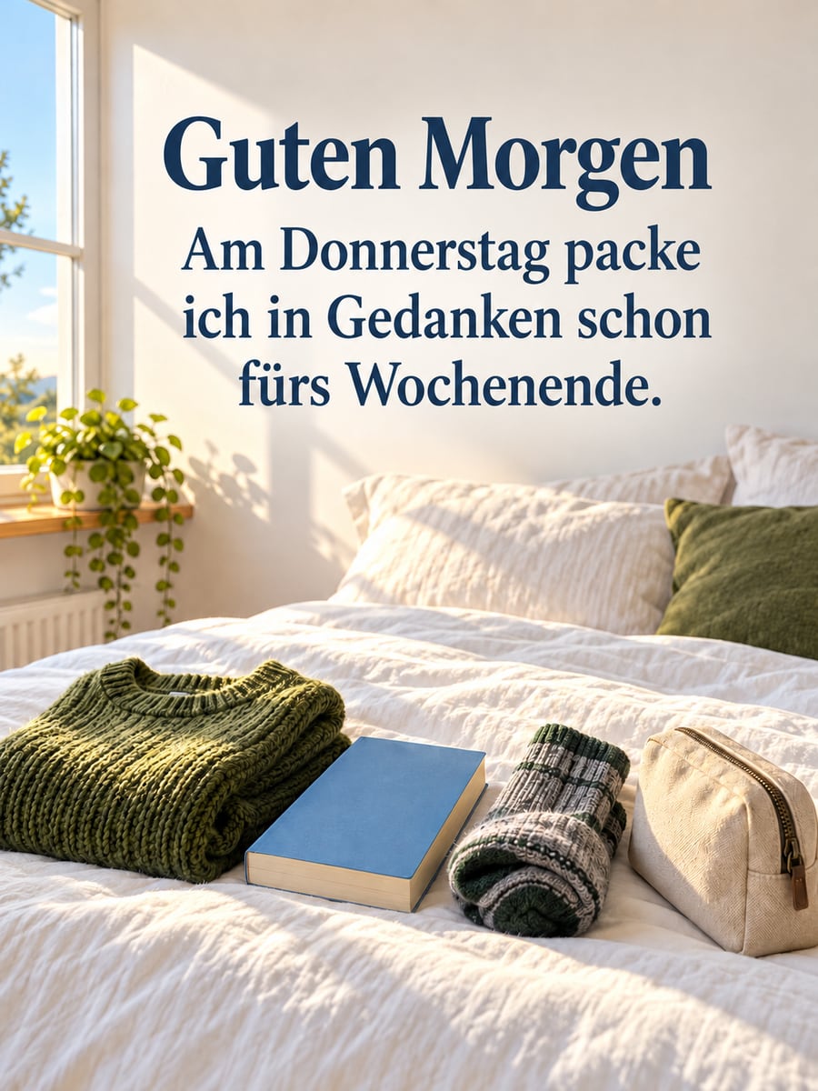 Guten-Morgen-Bild zum Donnerstag mit dem Text „Guten Morgen“ und „Am Donnerstag packe ich in Gedanken schon fürs Wochenende.“ – Motiv: Pullover, Buch, Wandersocken, Bettdecke