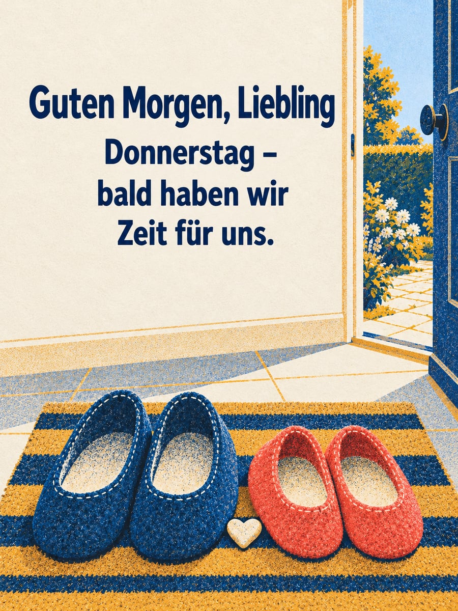 Guten-Morgen-Bild zum Donnerstag mit dem Text „Guten Morgen, Liebling“ und „Donnerstag – bald haben wir Zeit für uns.“ – Motiv: Hausschuhe, Fußmatte, Herzstein, Zweisamkeit