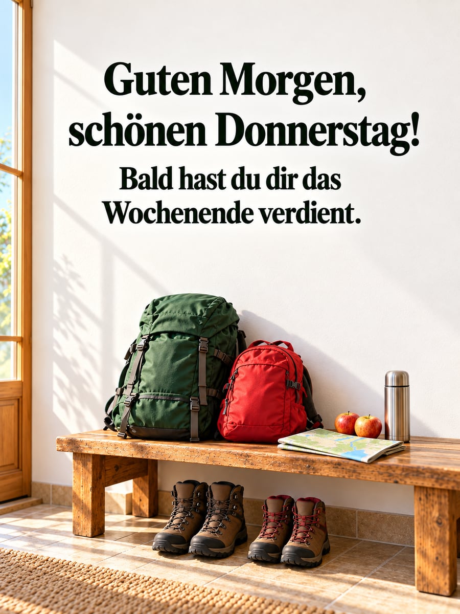 Guten-Morgen-Bild zum Donnerstag mit dem Text „Guten Morgen, schönen Donnerstag!“ und „Bald hast du dir das Wochenende verdient.“ – Motiv: Rucksack, Wanderung, Thermoskanne, Wanderschuhe