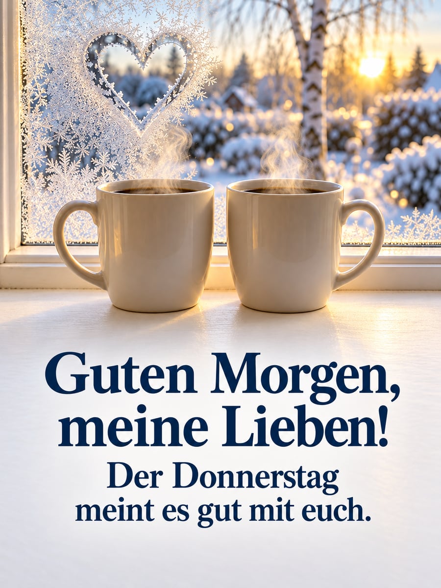 Guten-Morgen-Bild zum Donnerstag mit dem Text „Guten Morgen, meine Lieben!“ und „Der Donnerstag meint es gut mit euch.“ – Motiv: Kaffeetassen, Frostherz, Fenster, Schnee