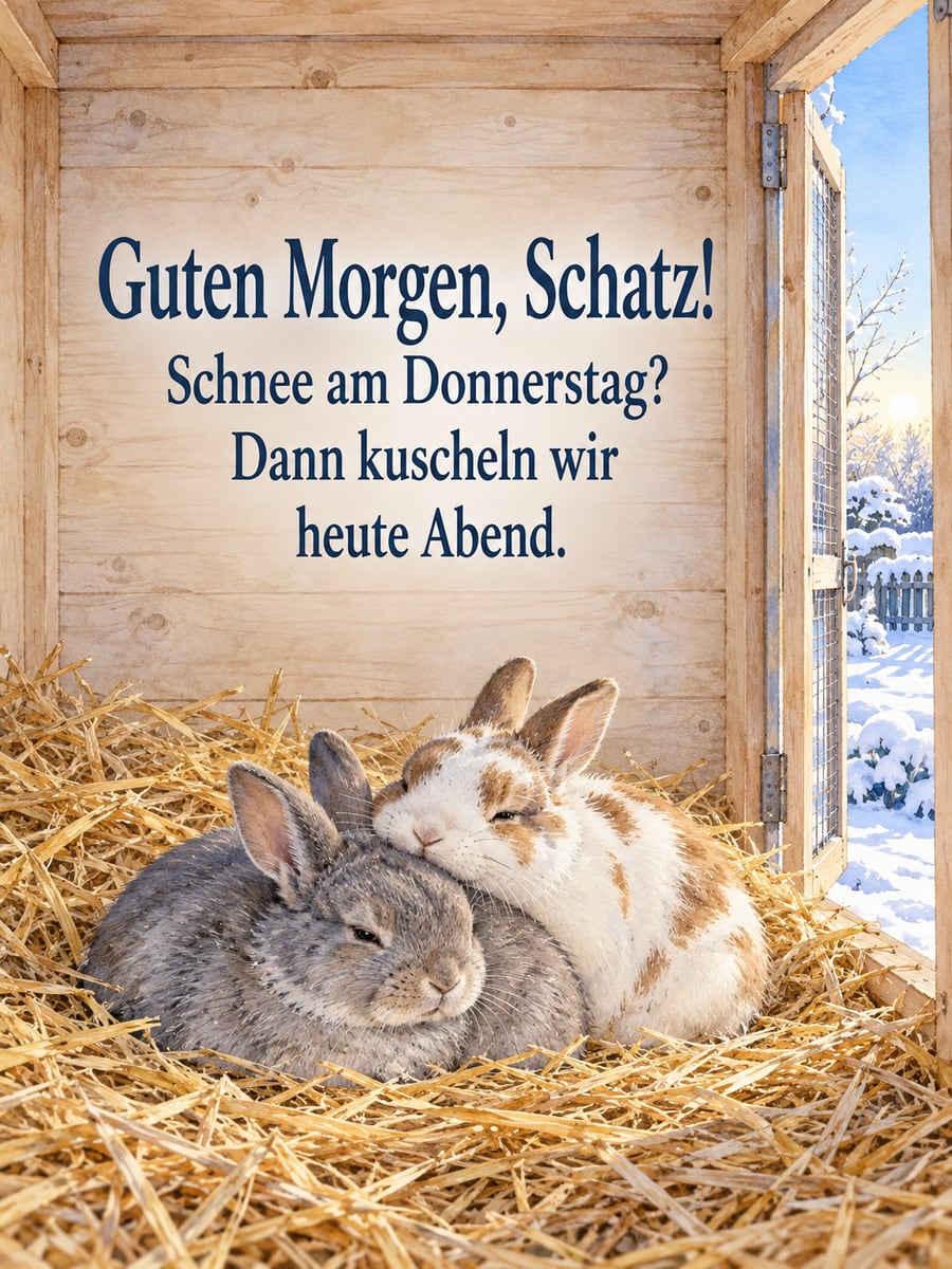 Guten-Morgen-Bild zum Donnerstag mit dem Text „Guten Morgen, Schatz!“ und „Schnee am Donnerstag? Dann kuscheln wir heute Abend.“ – Motiv: Zwergkaninchen, Kaninchenstall, Heu, Schnee