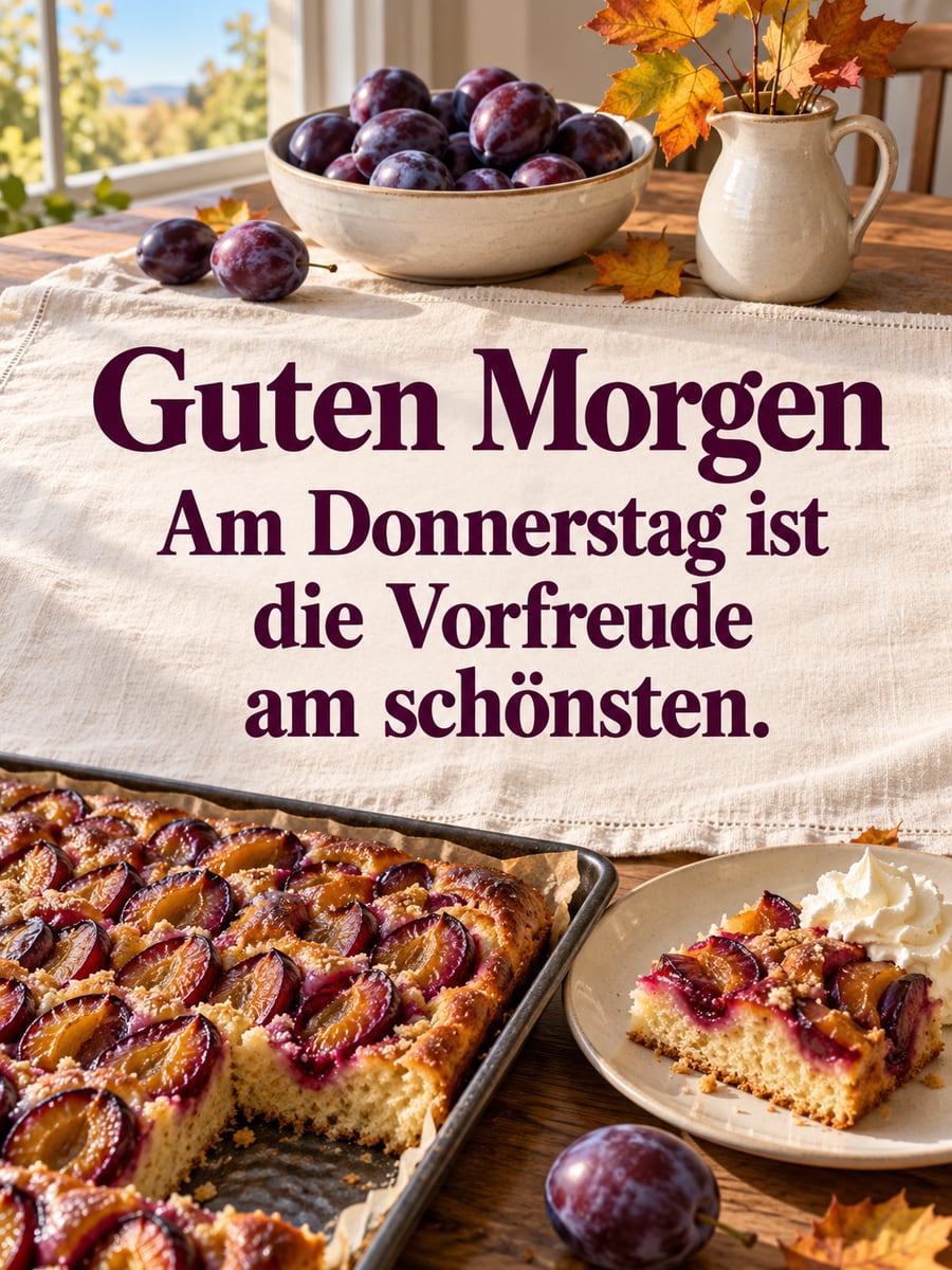 Guten-Morgen-Bild zum Donnerstag mit dem Text „Guten Morgen“ und „Am Donnerstag ist die Vorfreude am schönsten.“ – Motiv: Zwetschgenkuchen, Sahne, Pflaumen, Backblech