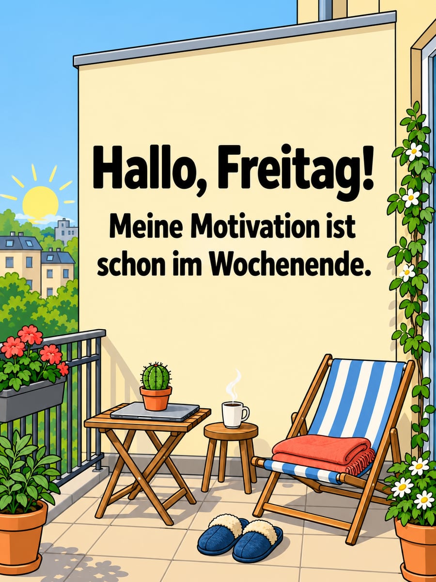 Guten-Morgen-Bild zum Freitag mit dem Text „Hallo, Freitag!“ und „Meine Motivation ist schon im Wochenende.“ – Motiv: Balkon, Liegestuhl, Laptop, Kaktus, Hausschuhe