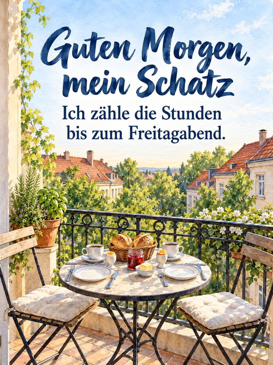 Guten-Morgen-Bild zum Freitag mit dem Text „Guten Morgen, mein Schatz“ und „Ich zähle die Stunden bis zum Freitagabend.“ – Motiv: Frühstück, Balkon, Brötchen, Frühstücksei