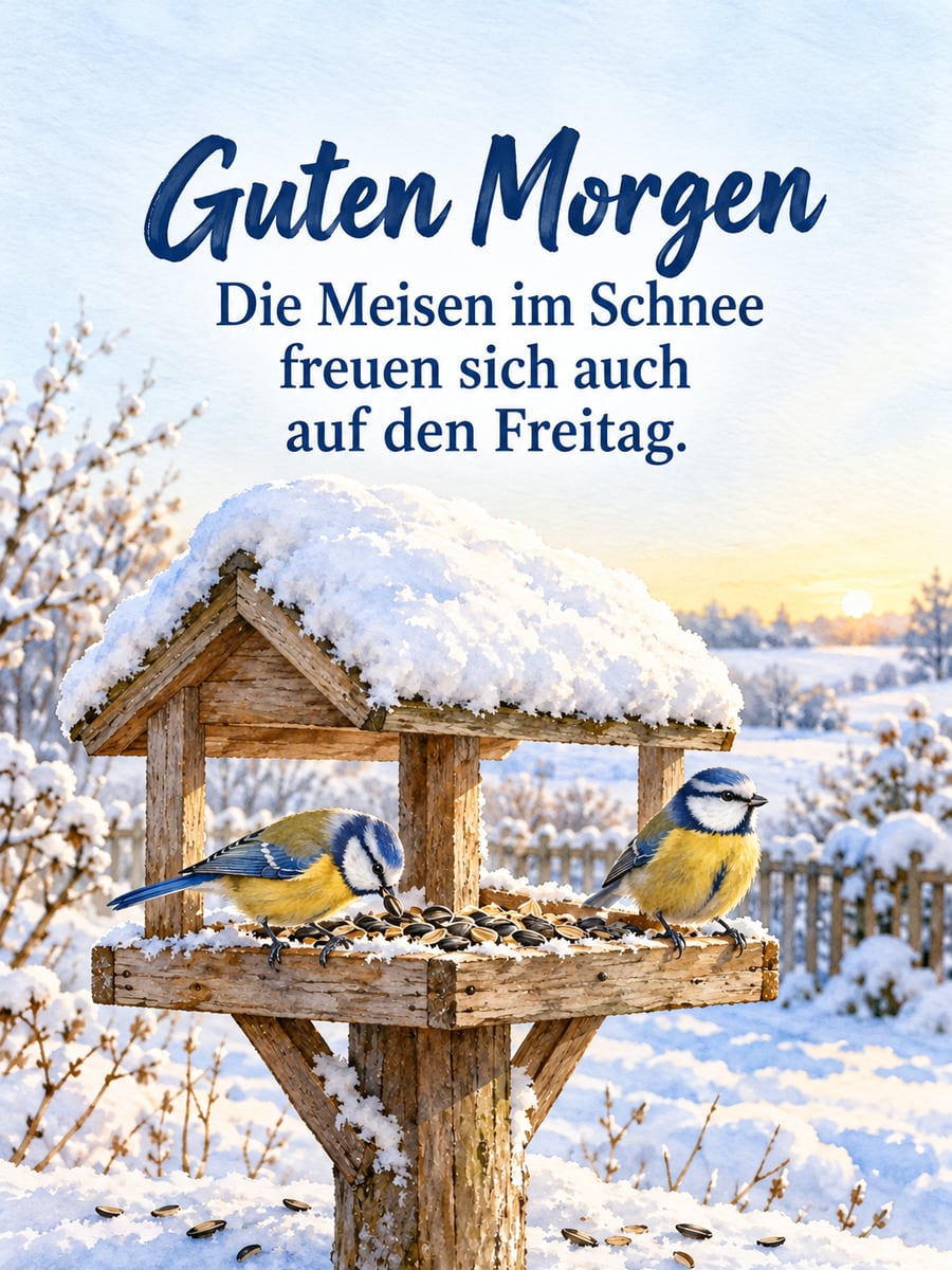 Guten-Morgen-Bild zum Freitag mit dem Text „Guten Morgen“ und „Die Meisen im Schnee freuen sich auch auf den Freitag.“ – Motiv: Blaumeisen, Futterhaus, Schnee, Garten