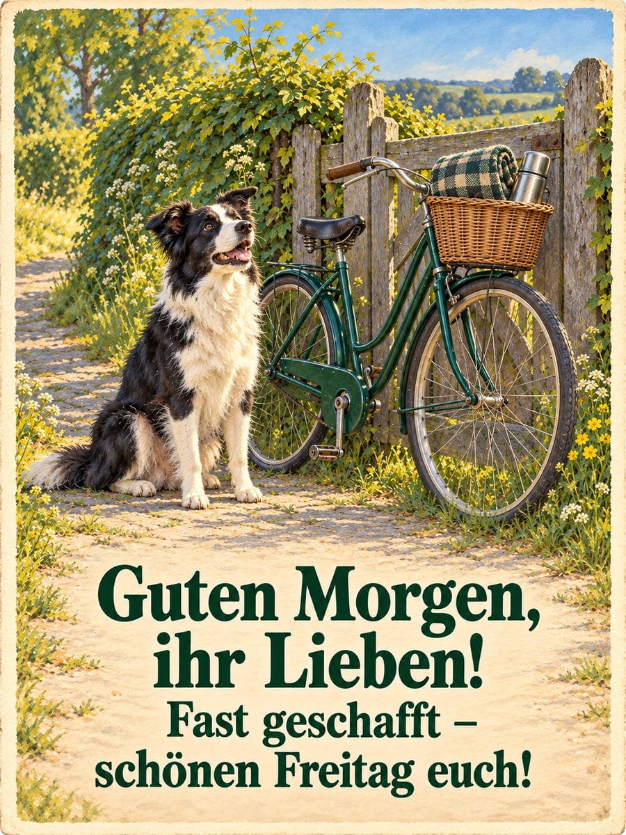 Guten-Morgen-Bild zum Freitag mit dem Text „Guten Morgen, ihr Lieben!“ und „Fast geschafft – schönen Freitag euch!“ – Motiv: Border Collie, Fahrrad, Gartentor, Wochenende
