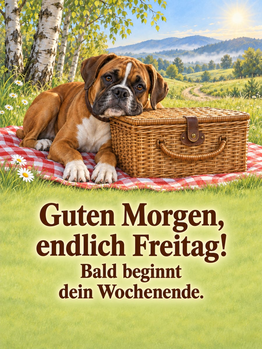 Guten-Morgen-Bild zum Freitag mit dem Text „Guten Morgen, endlich Freitag!“ und „Bald beginnt dein Wochenende.“ – Motiv: Hund, Boxer, Picknick, Wiese
