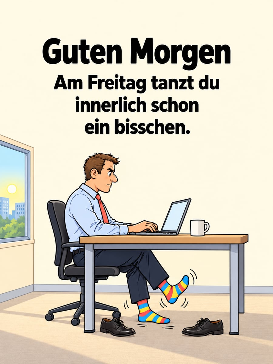 Guten-Morgen-Bild zum Freitag mit dem Text „Guten Morgen“ und „Am Freitag tanzt du innerlich schon ein bisschen.“ – Motiv: Büro, Socken, Tanzen, Freitagsgefühl