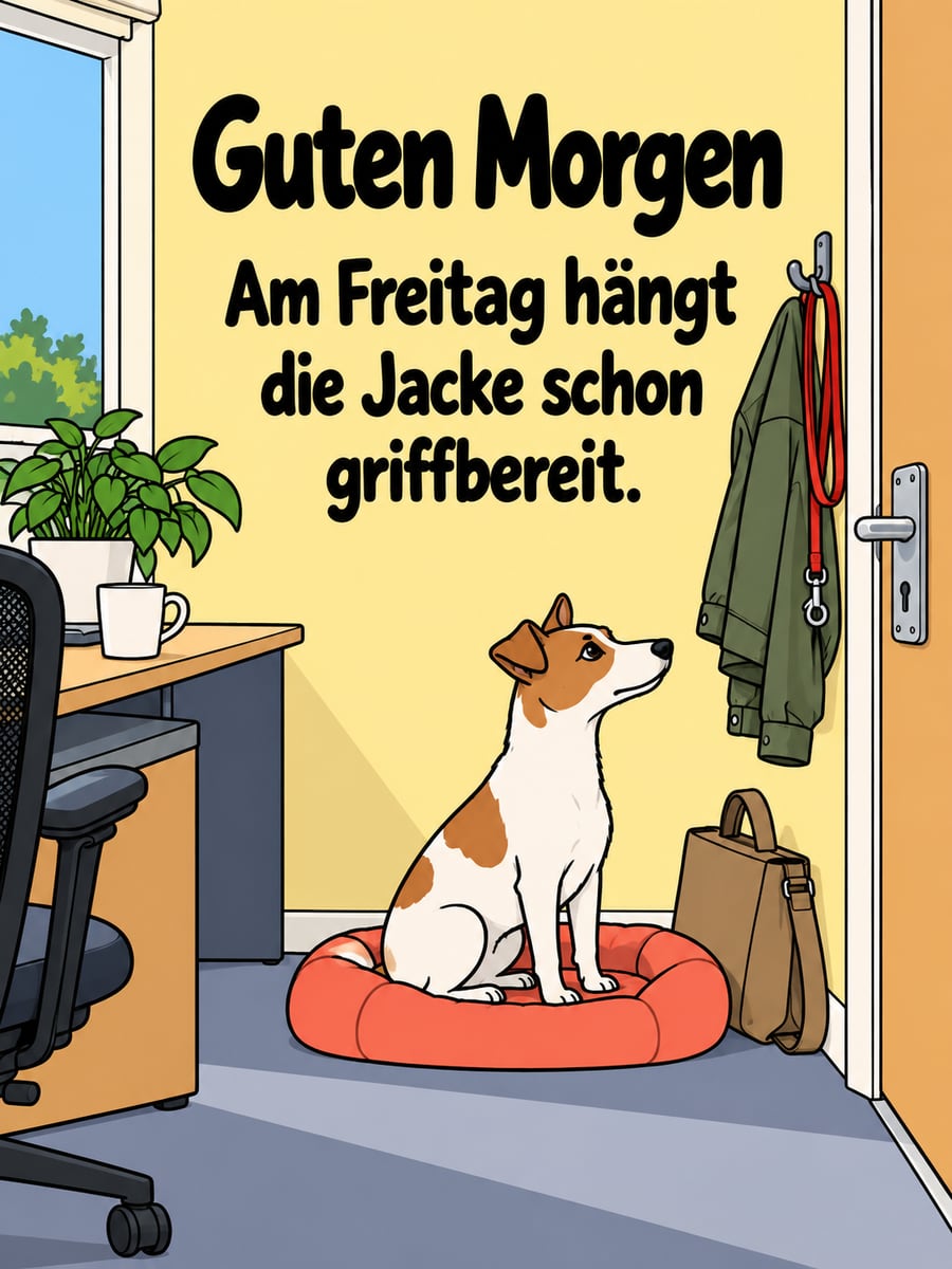 Guten-Morgen-Bild zum Freitag mit dem Text „Guten Morgen“ und „Am Freitag hängt die Jacke schon griffbereit.“ – Motiv: Bürohund, Jacke, Garderobenhaken, Feierabend