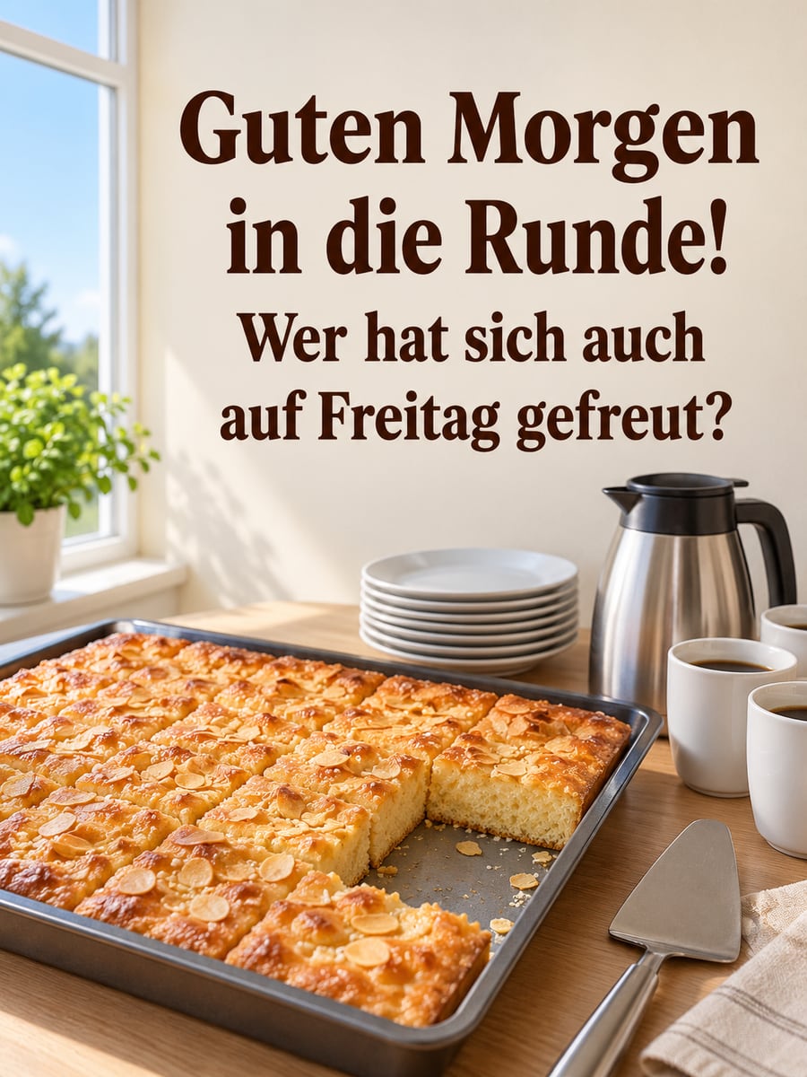 Guten-Morgen-Bild zum Freitag mit dem Text „Guten Morgen in die Runde!“ und „Wer hat sich auch auf Freitag gefreut?“ – Motiv: Butterkuchen, Büro, Kollegen, Kaffee