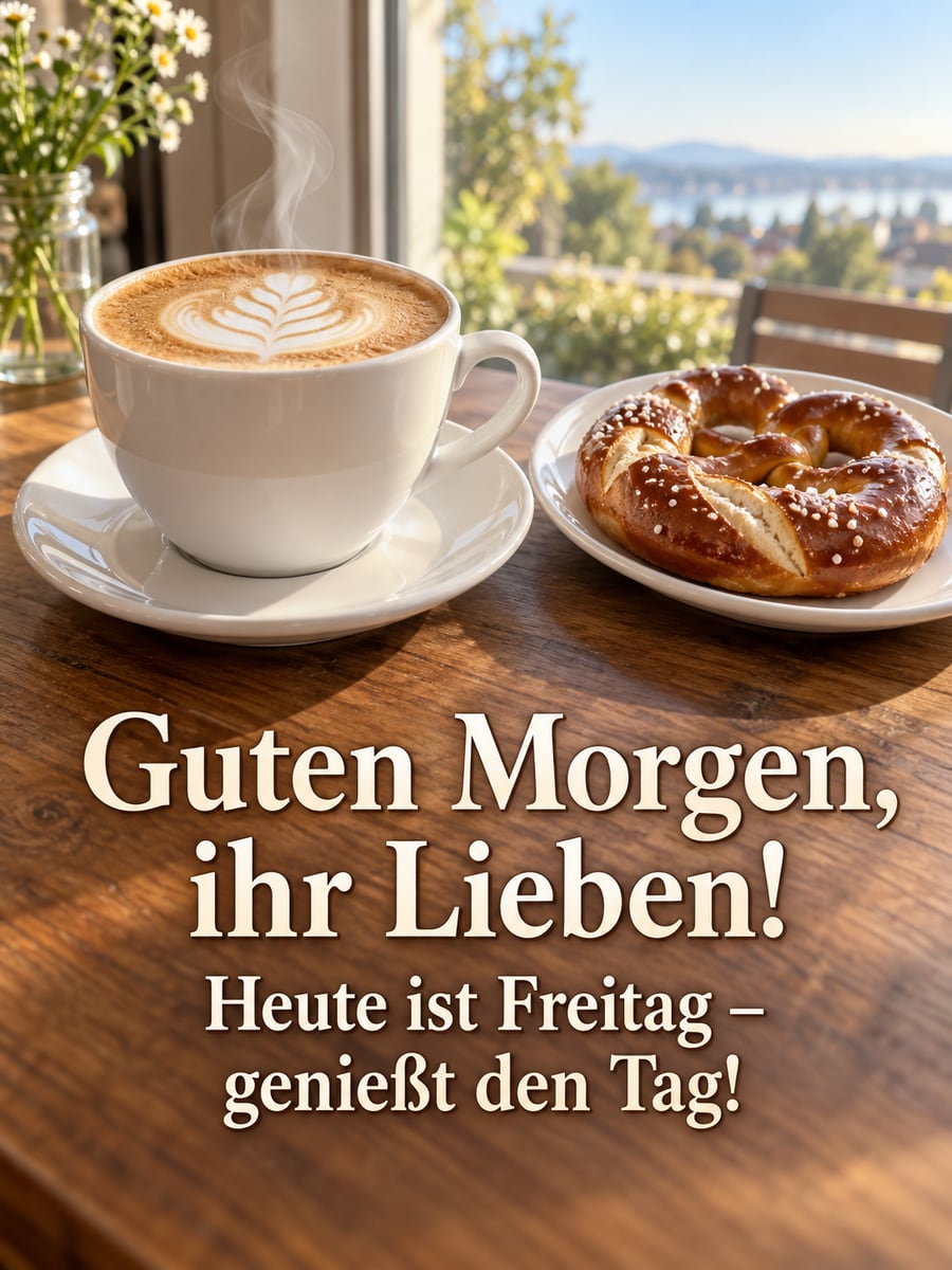 Guten-Morgen-Bild zum Freitag mit dem Text „Guten Morgen, ihr Lieben!“ und „Heute ist Freitag – genießt den Tag!“ – Motiv: Cappuccino, Latte Art, Brezel, Café