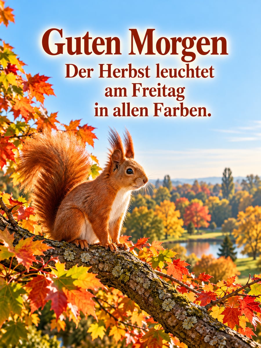 Guten-Morgen-Bild zum Freitag mit dem Text „Guten Morgen“ und „Der Herbst leuchtet am Freitag in allen Farben.“ – Motiv: Eichhörnchen, Feldahorn, Herbstfarben, Herbstsonne