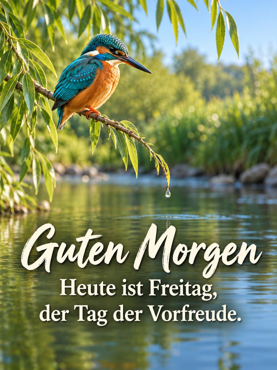 Guten-Morgen-Bild zum Freitag mit dem Text „Guten Morgen“ und „Heute ist Freitag, der Tag der Vorfreude.“ – Motiv: Eisvogel, Bach, Weide, Vorfreude